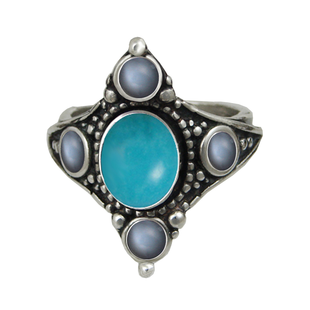 Sterling Silver Renaissance Queen's Ring With Turquoise And Grey Moonstone Size 9